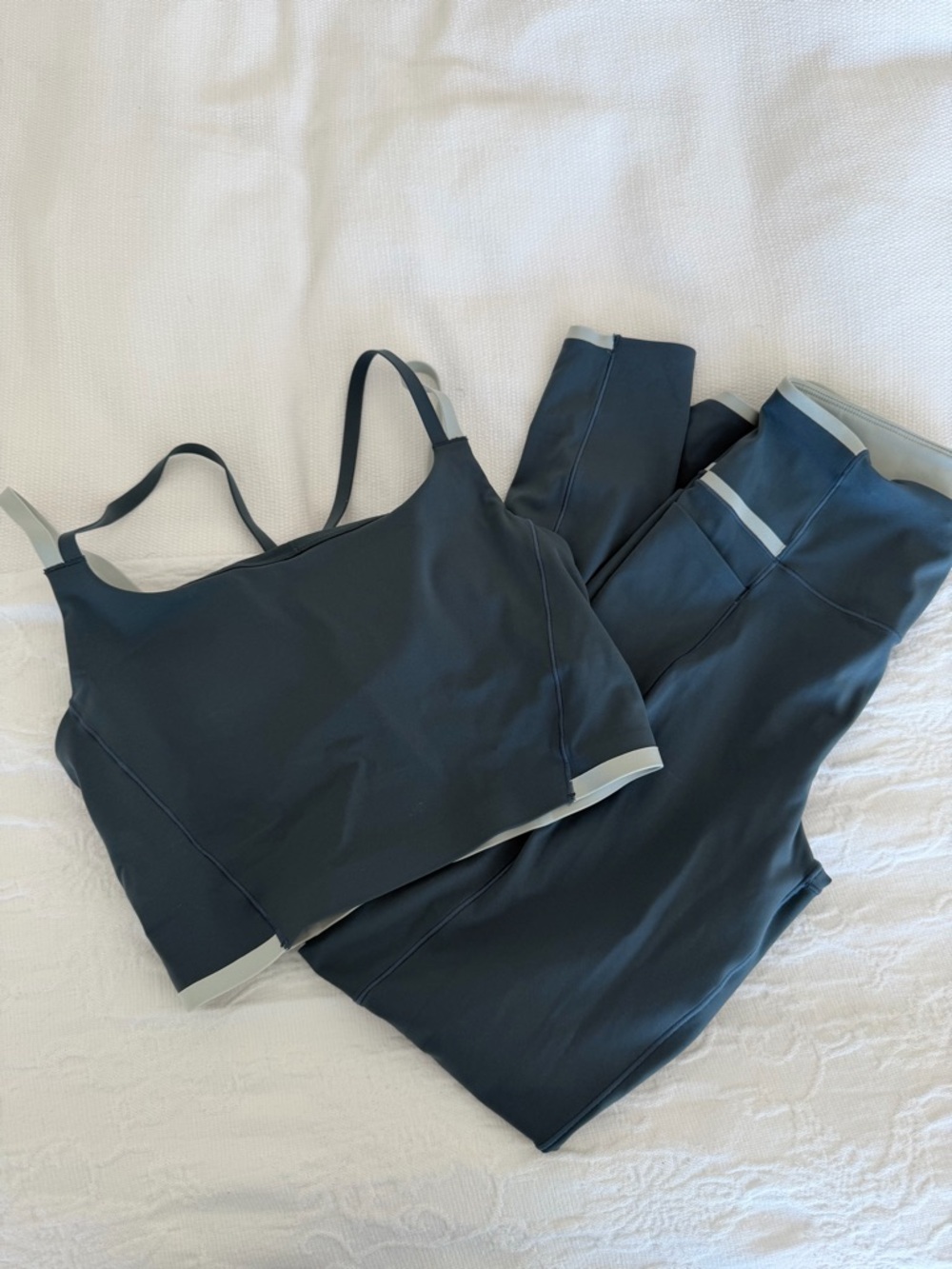 RHONE Slate Blue Scoop Sports Bra with Light Gray Trim